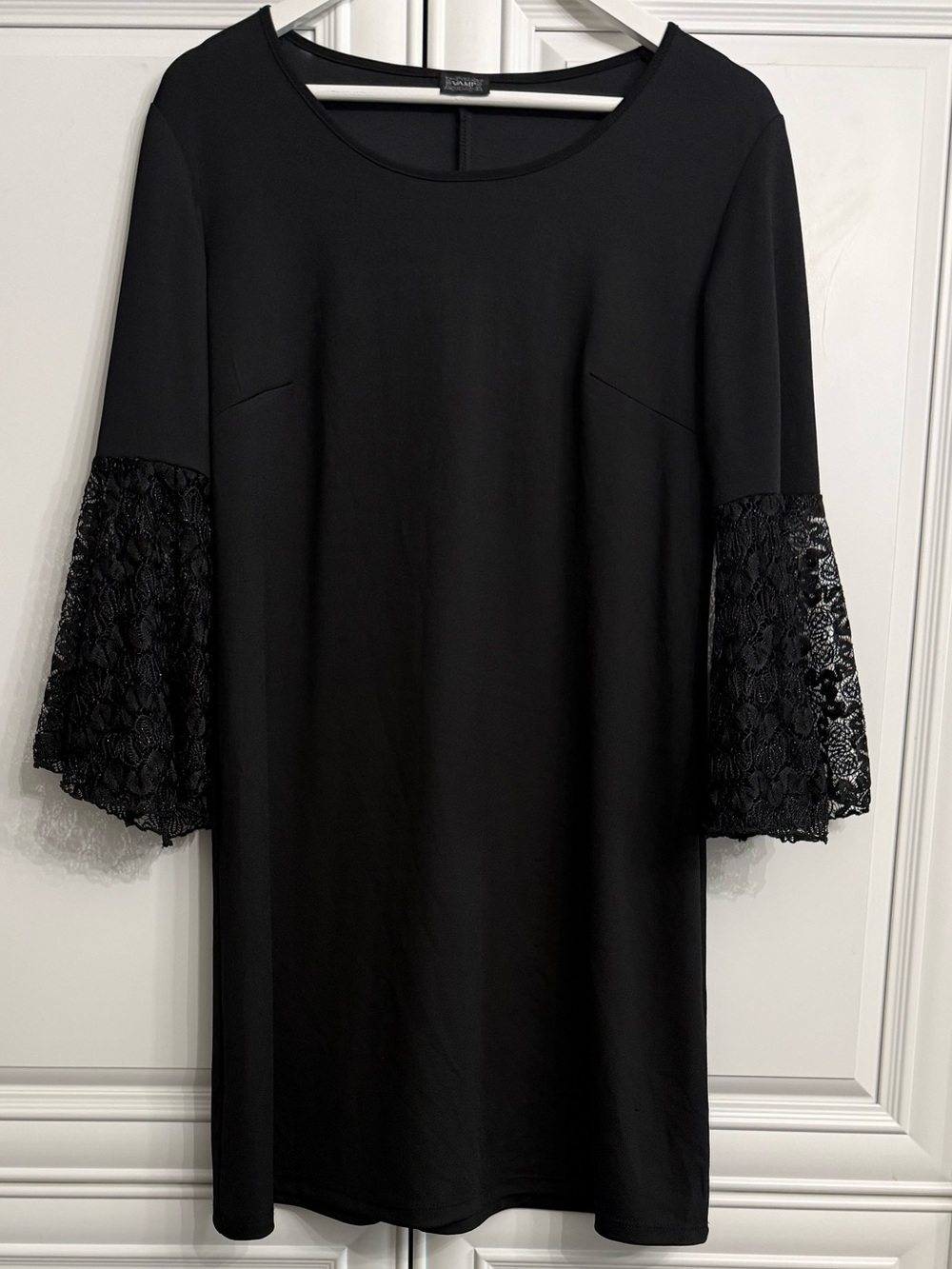 VTG Vamp Sz Medium Black Shift Midi Dress Black Bell Lace Sleeves Goth Romantic